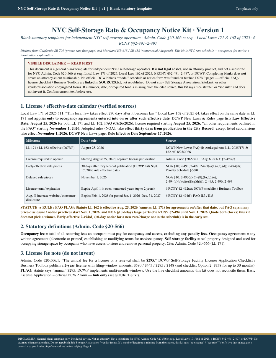 First page of the NYC self-storage notices kit PDF
