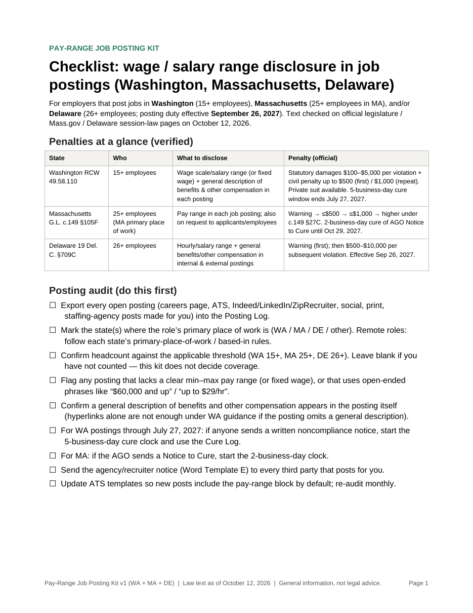 First page of the pay-range job posting kit checklist PDF
